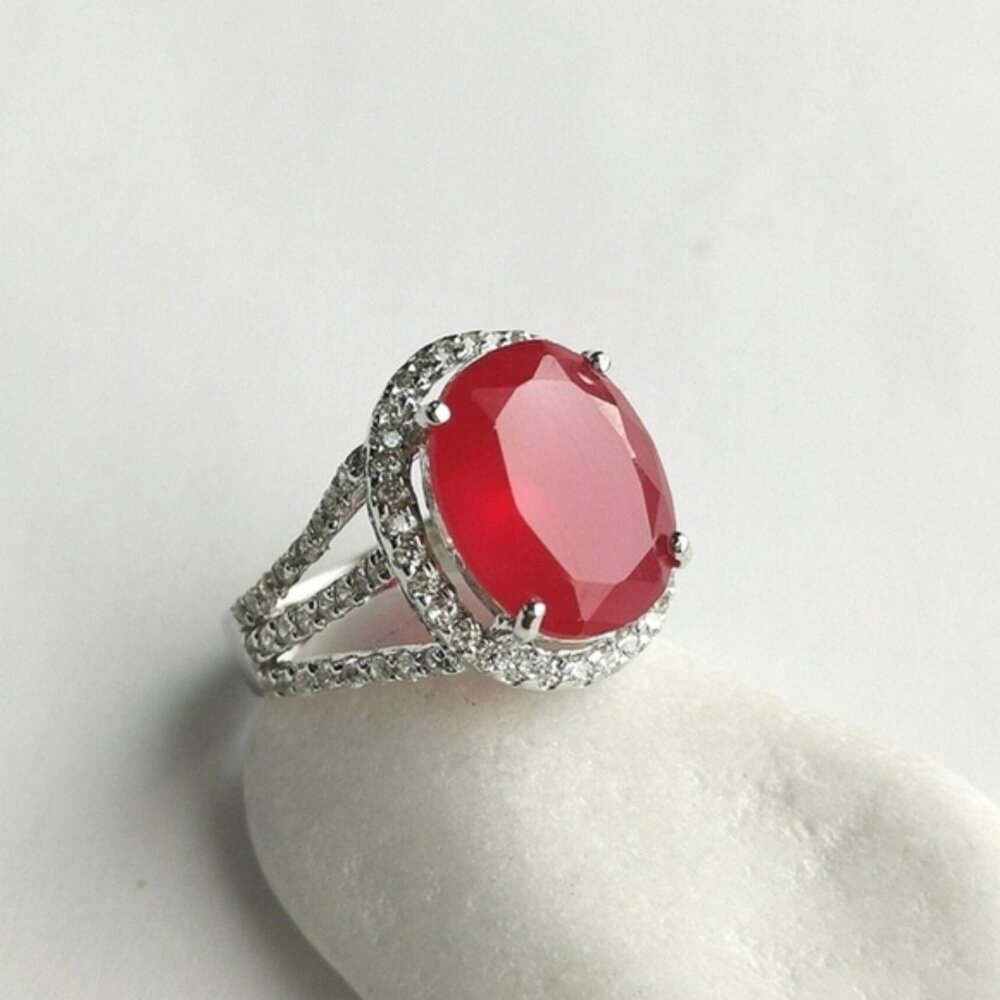Ruby Doublet  Ring with White Sapphire Halo Size 7